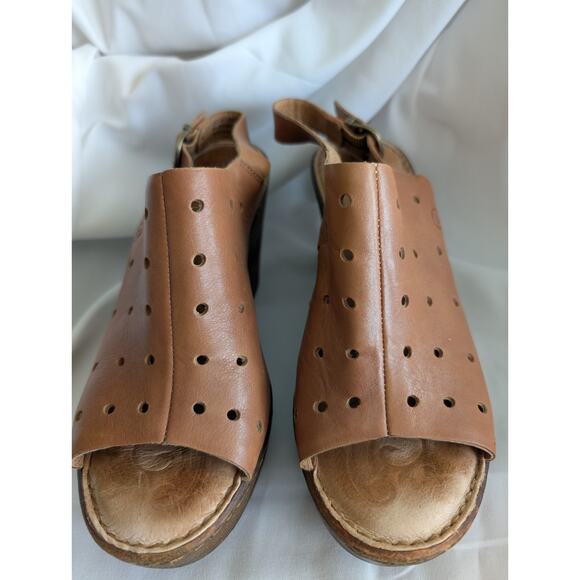 Born Brown Leather Perforated Peep Toe Slingback Wood Heel Platform Sandals - Picture 1 of 8